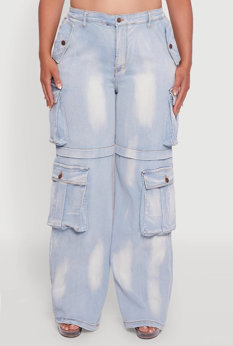 Womens Plus Acid Wash Wide Leg Utility Jeans,