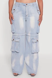 Womens Plus Acid Wash Wide Leg Utility Jeans,