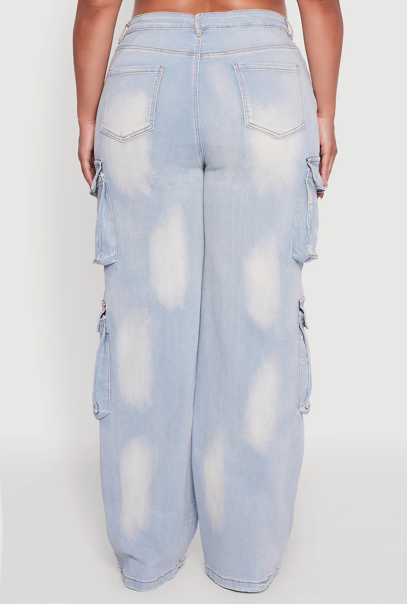 Womens Plus Acid Wash Wide Leg Utility Jeans,