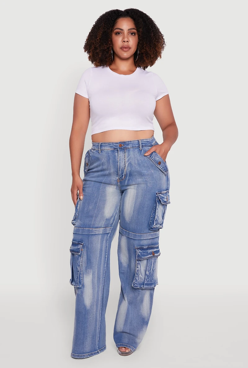 Womens Plus Acid Wash Wide Leg Utility Jeans,