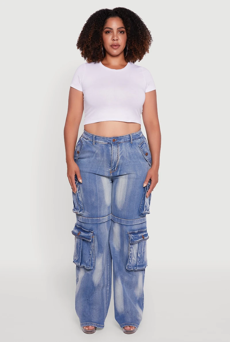Womens Plus Acid Wash Wide Leg Utility Jeans,