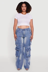 Womens Plus Acid Wash Wide Leg Utility Jeans,
