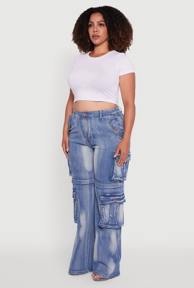 Womens Plus Acid Wash Wide Leg Utility Jeans,