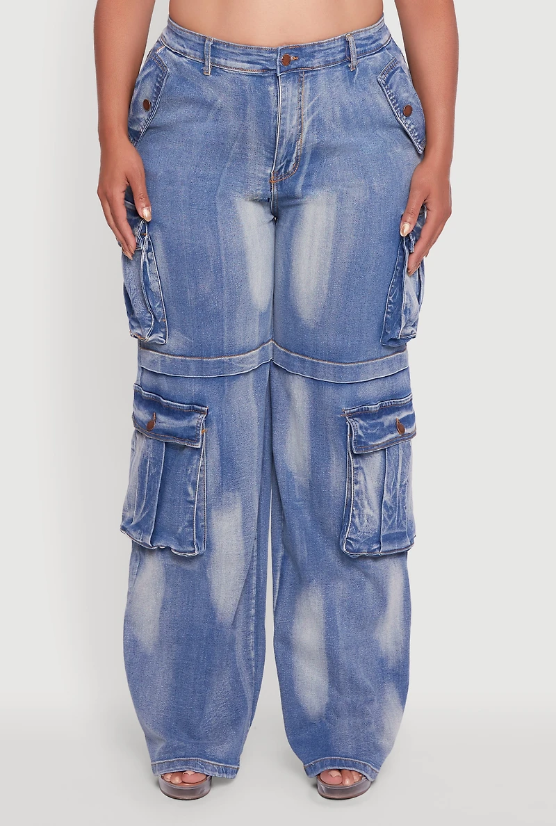 Womens Plus Size Acid Wash Wide Leg Utility Jeans, Blue, Size 3X