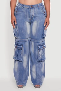 Womens Plus Size Acid Wash Wide Leg Utility Jeans, Blue, Size 3X