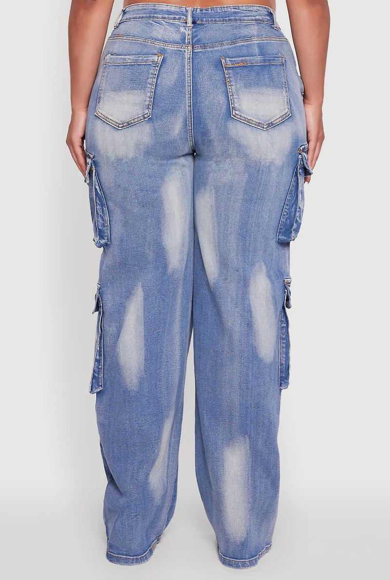 Womens Plus Acid Wash Wide Leg Utility Jeans,