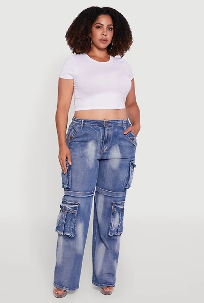 Womens Plus Size Acid Wash Wide Leg Utility Jeans, Blue, Size 1X