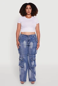 Womens Plus Acid Wash Wide Leg Utility Jeans, Blue,
