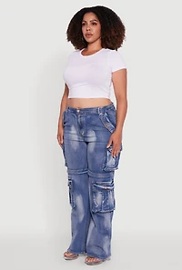 Womens Plus Acid Wash Wide Leg Utility Jeans, Blue,
