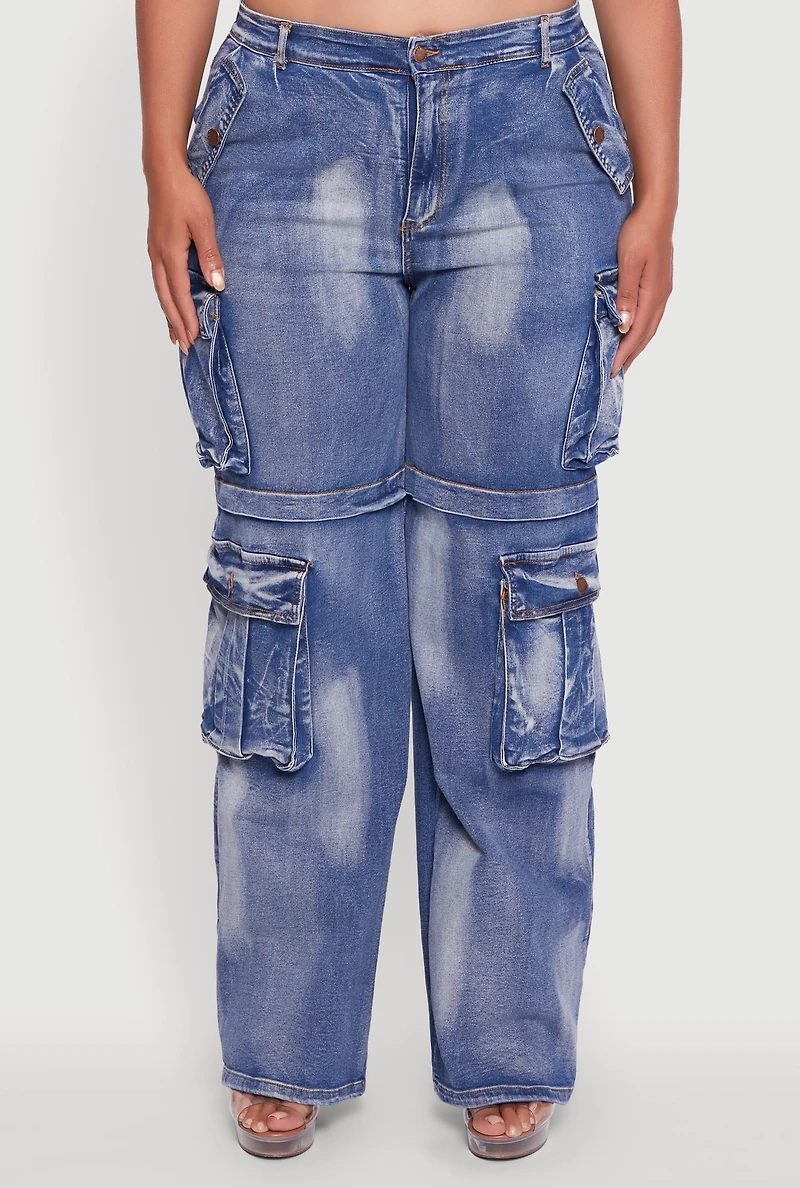Womens Plus Acid Wash Wide Leg Utility Jeans, Blue,