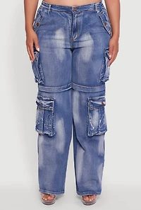 Womens Plus Acid Wash Wide Leg Utility Jeans, Blue,