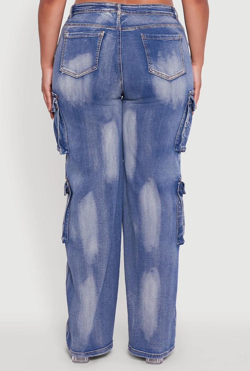 Womens Plus Acid Wash Wide Leg Utility Jeans, Blue,