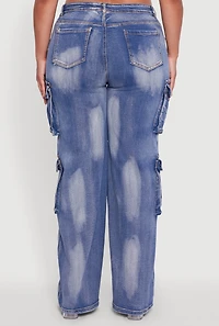 Womens Plus Acid Wash Wide Leg Utility Jeans, Blue,