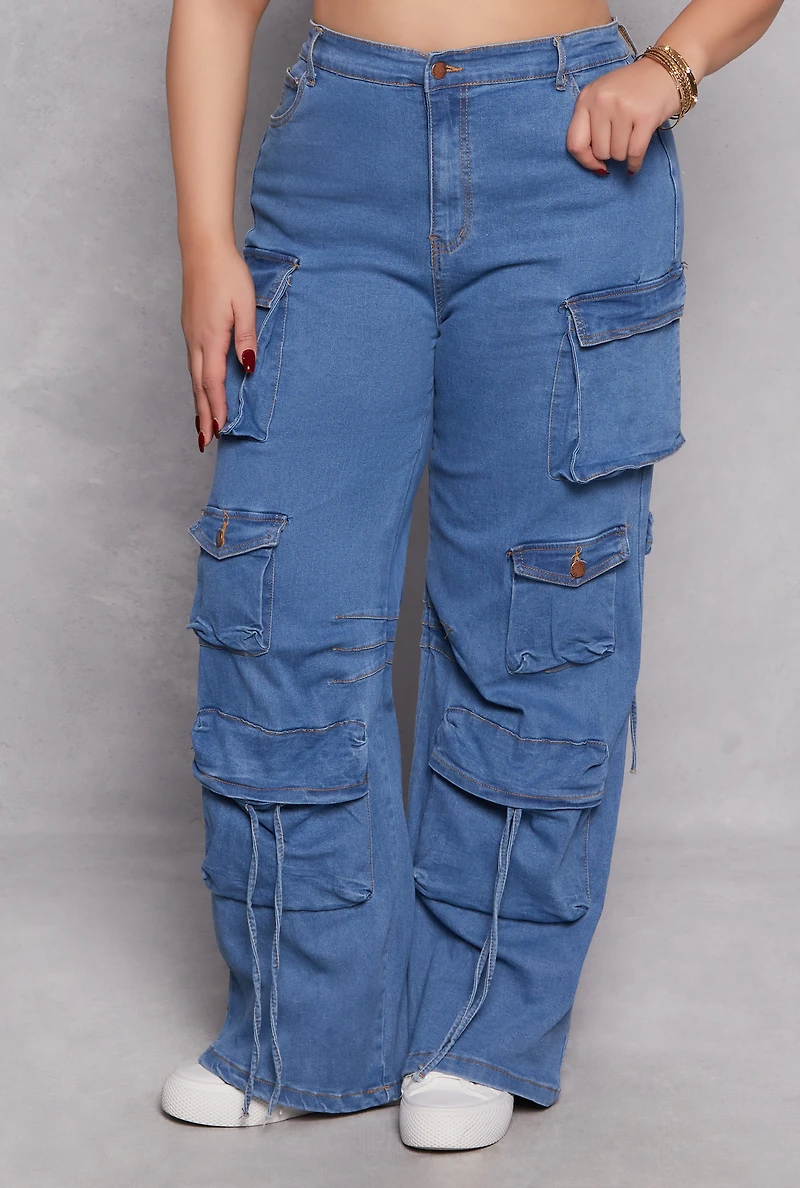Womens Plus Size Daisy Cargo Wide Leg Jeans, Blue, Size 1X