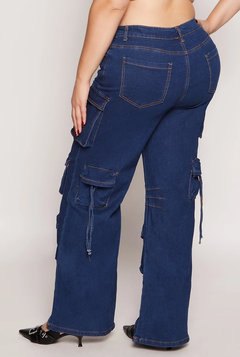 Womens Plus Size Daisy Cargo Wide Leg Jeans, Blue, Size 1X