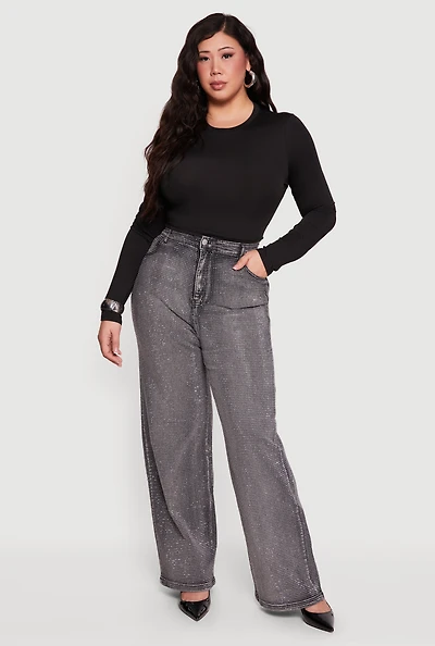 Plus Rhinestone Acid Wash Straight Leg Jeans