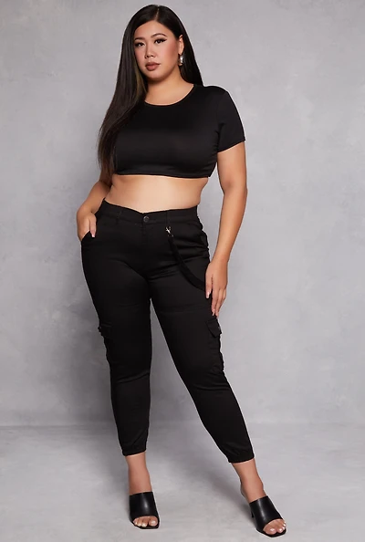 Womens Plus Size VIP Twill Cargo Pocket Joggers, Black, Size 13-14