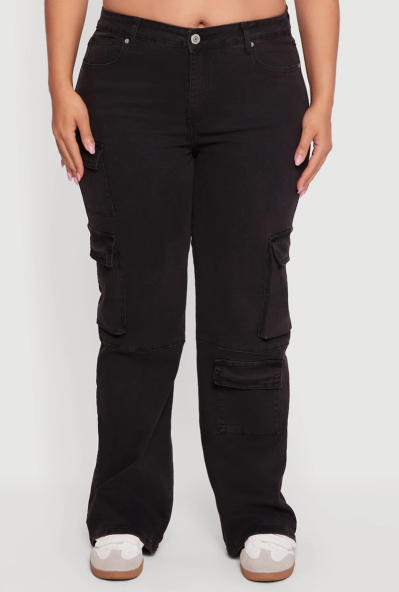 Womens Plus Size VIP Solid Straight Leg Utility Jeans, Black, Size 17-18