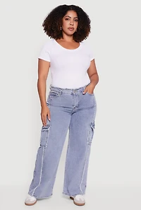 Plus High Waisted Frayed Pintuck Acid Wash Jeans