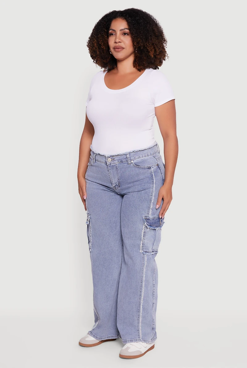 Plus High Waisted Frayed Pintuck Acid Wash Jeans