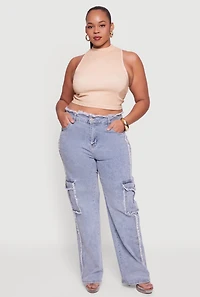 Womens Plus High Waisted Frayed Pintuck Acid Wash Jeans, Blue,