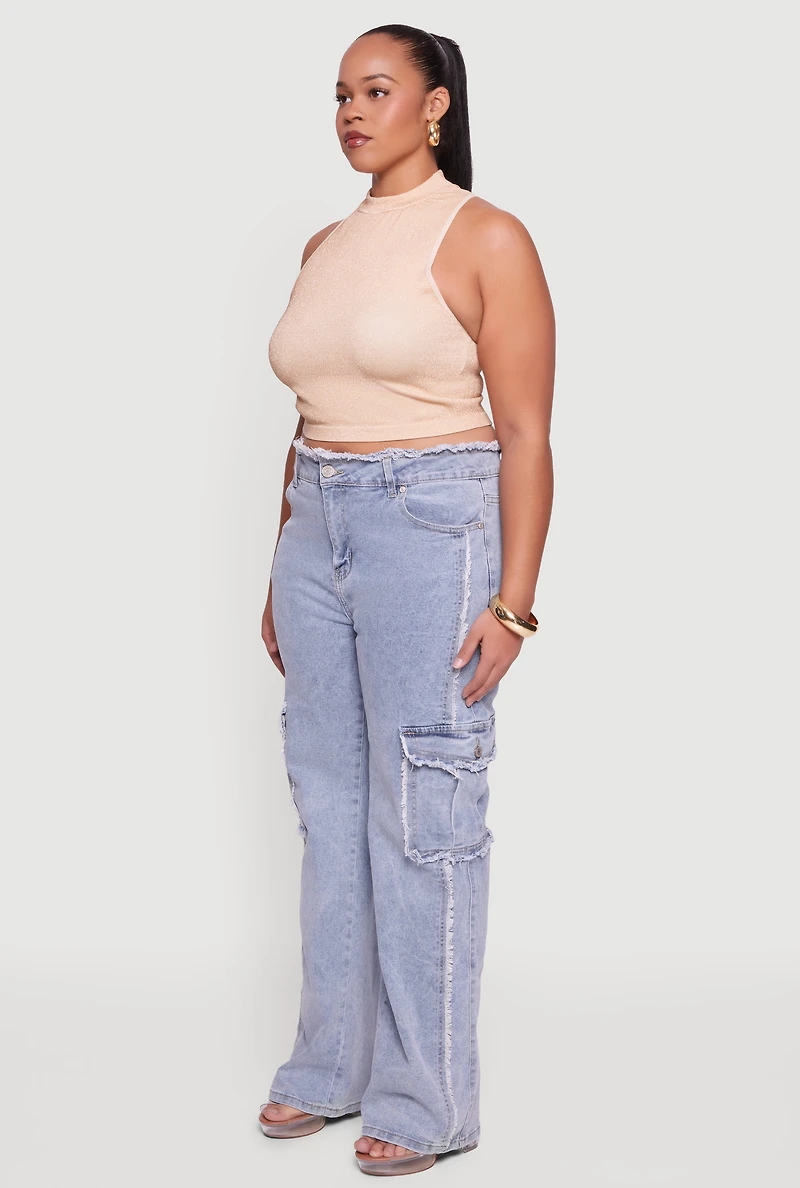 Womens Plus High Waisted Frayed Pintuck Acid Wash Jeans, Blue,