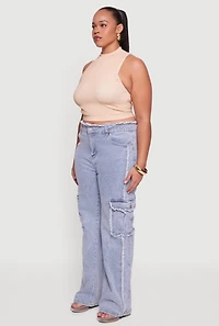 Womens Plus High Waisted Frayed Pintuck Acid Wash Jeans, Blue,