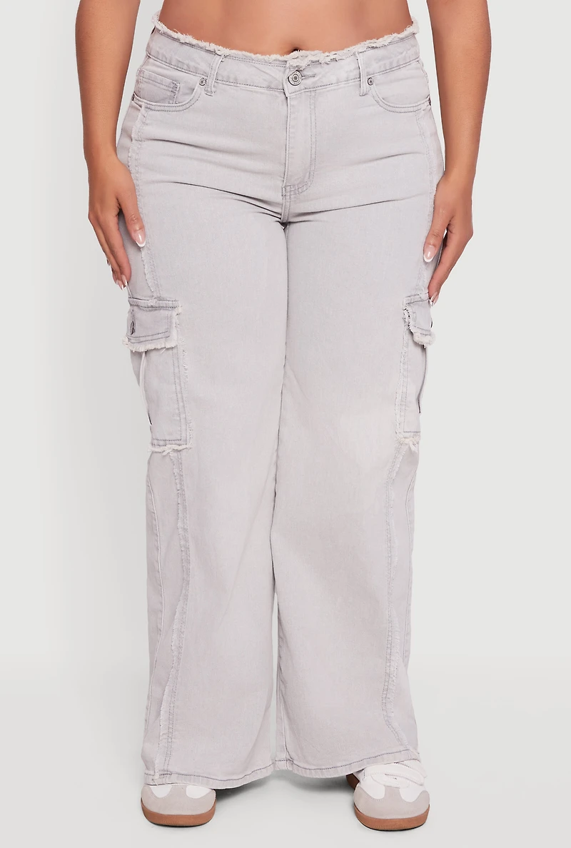 Womens Plus Size VIP Frayed Cargo Jeans, Grey, Size 23-24