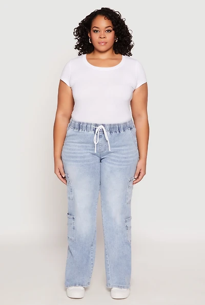 Womens Plus Size VIP Acid Wash Drawstring Cargo Jeans, Blue, Size 19-20