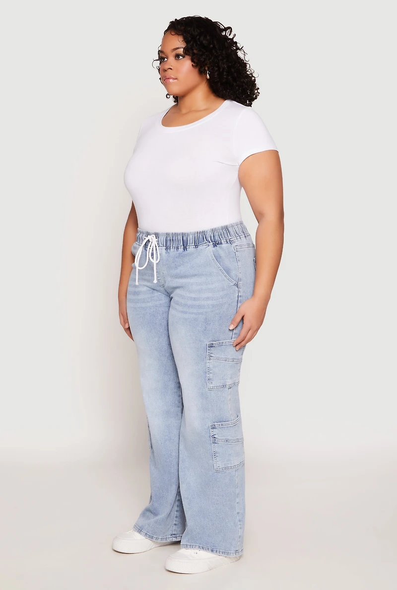 Womens Plus Size VIP Acid Wash Drawstring Cargo Jeans, Blue, Size 19-20