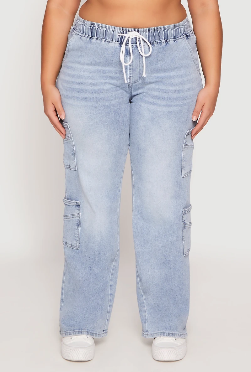 Womens Plus Size VIP Acid Wash Drawstring Cargo Jeans, Blue, Size 19-20