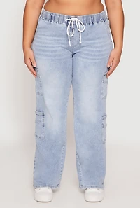 Womens Plus Size VIP Acid Wash Drawstring Cargo Jeans, Blue, Size 19-20