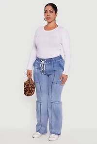 Womens Plus Size Drawstring High Waisted Acid Wash Jeans, Blue, Size 13-14