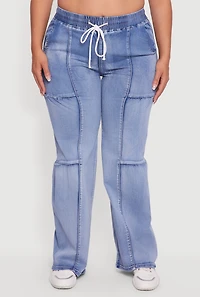 Womens Plus Size Drawstring High Waisted Acid Wash Jeans, Blue, Size 13-14