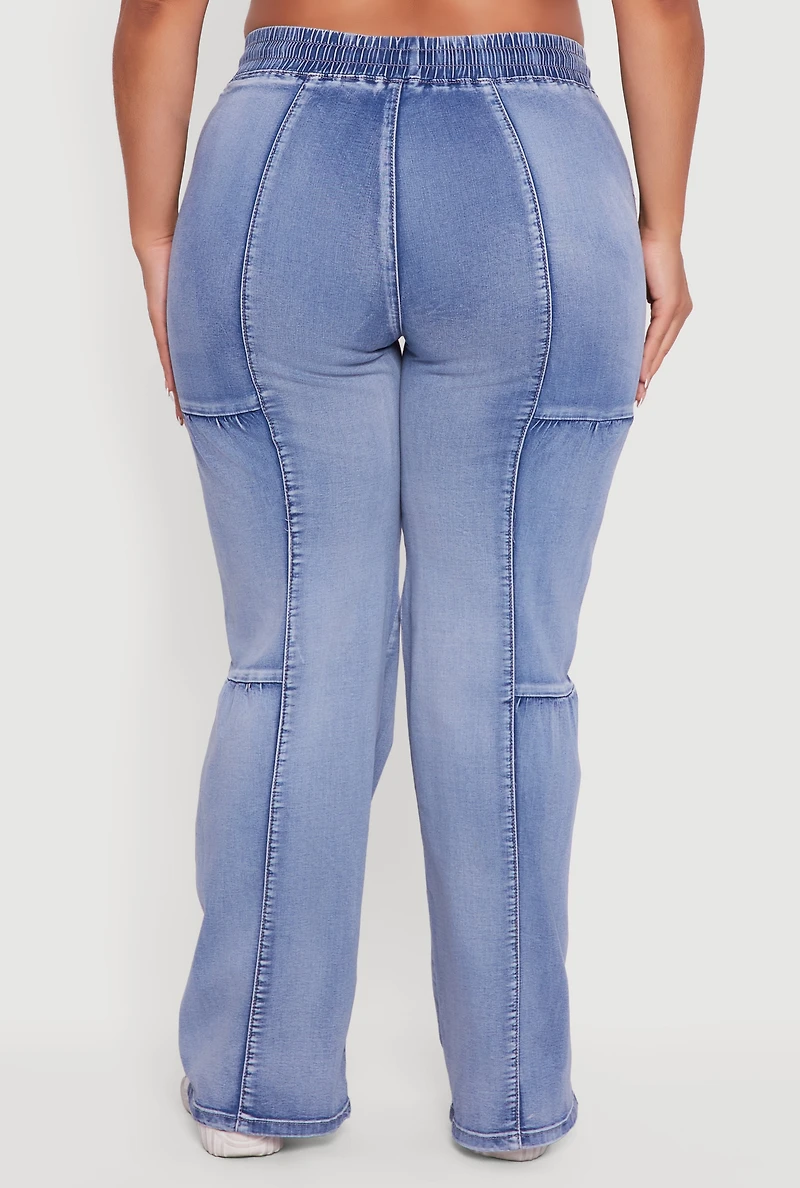 Womens Plus Size Drawstring High Waisted Acid Wash Jeans, Blue, Size 13-14