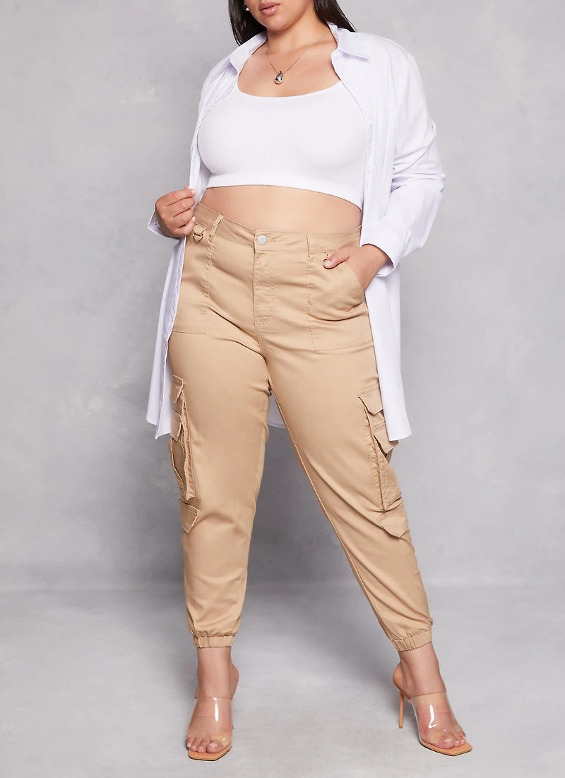 Womens Plus Size Double Cargo Pocket Joggers, Khaki, Size 13-14