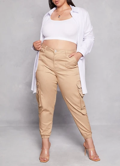 Womens Plus Size Double Cargo Pocket Joggers, Khaki, Size 13-14