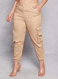 Womens Plus Size Double Cargo Pocket Joggers, Khaki, Size 13-14