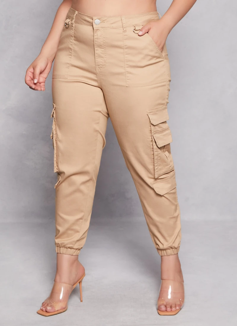 Womens Plus Double Cargo Pocket Joggers, Khaki,