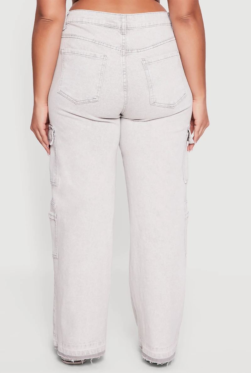 Womens Plus Size VIP Mineral Wash Raw Hem Cargo Jeans, Grey, Size 17-18