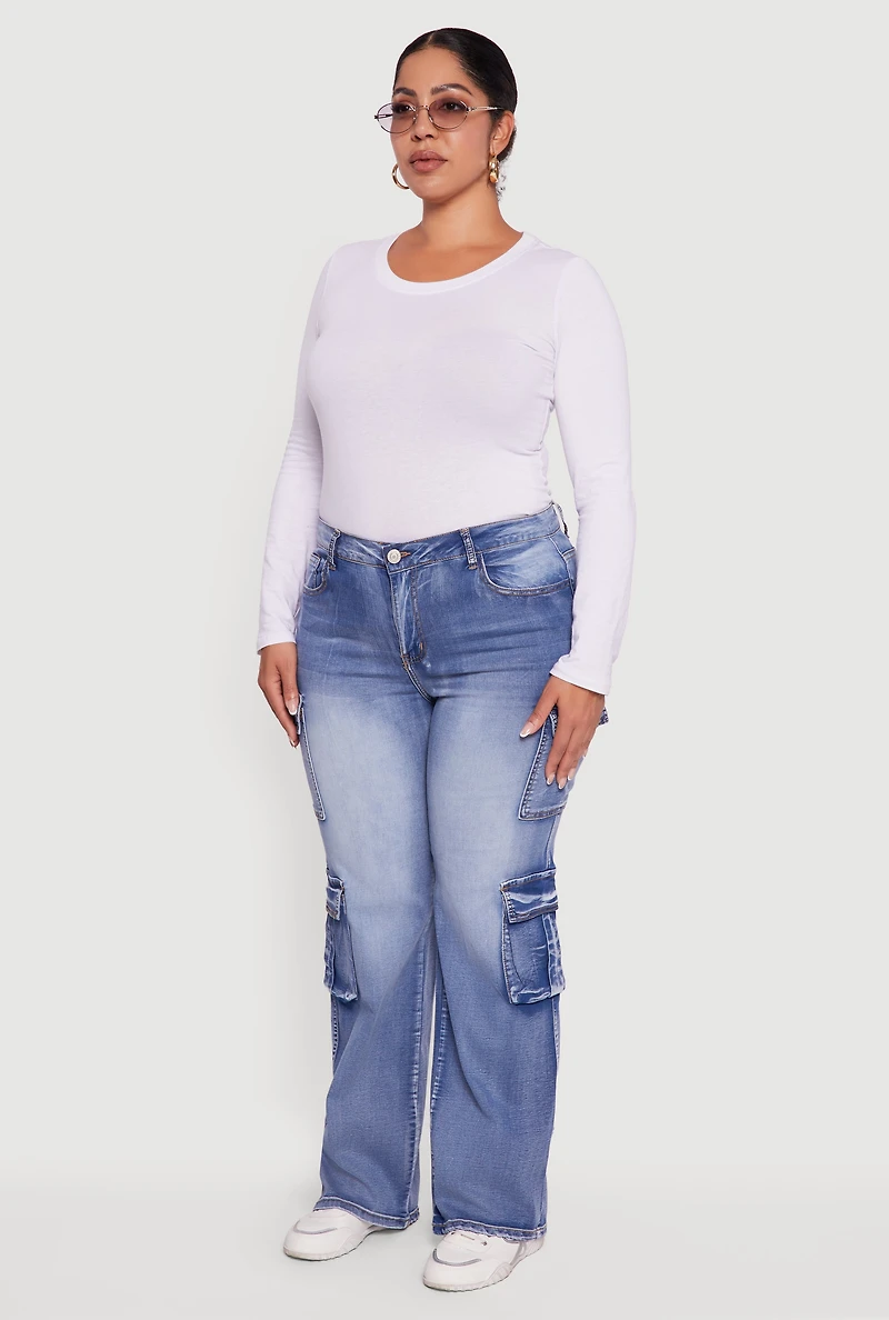 Womens Plus Size VIP Mineral Wash Whiskered Cargo Jeans, Blue, Size 17-18