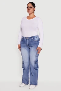 Womens Plus Size VIP Mineral Wash Whiskered Cargo Jeans, Blue, Size 17-18