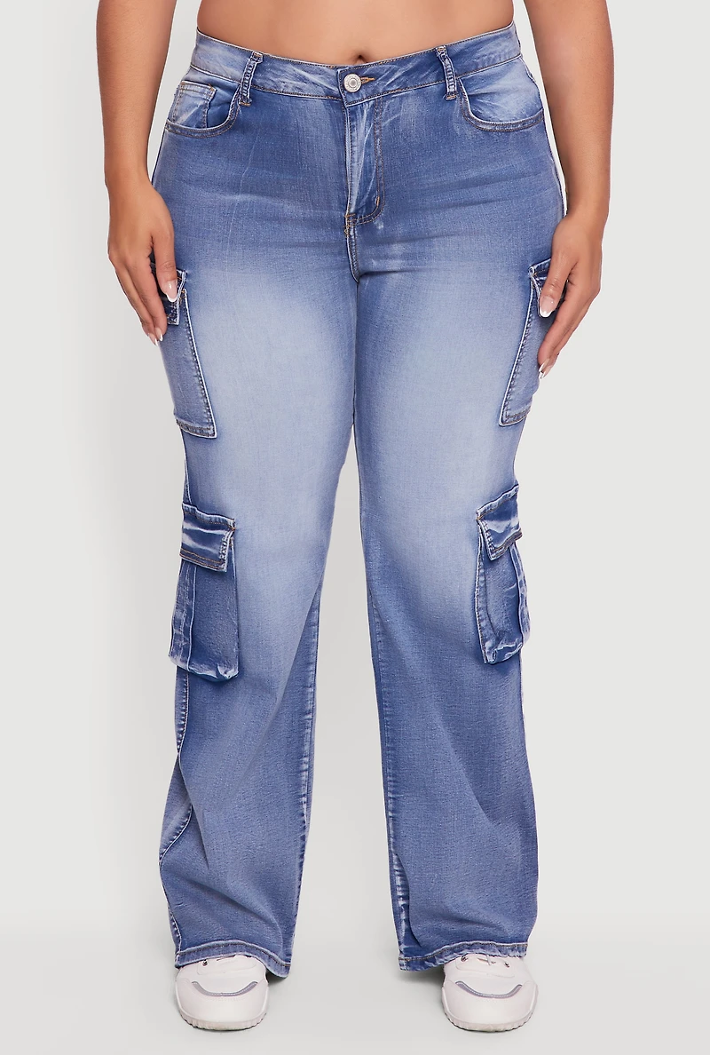 Womens Plus Size VIP Mineral Wash Whiskered Cargo Jeans, Blue, Size 17-18