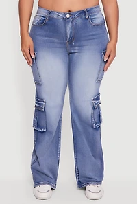 Womens Plus Size VIP Mineral Wash Whiskered Cargo Jeans, Blue, Size 17-18