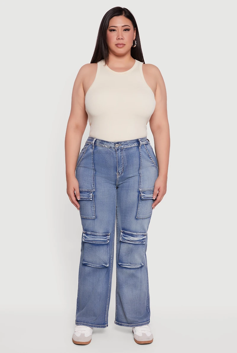 Womens Plus Size VIP Mineral Wash Straight Leg Cargo Jeans, Blue, Size 16