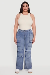 Womens Plus Size VIP Mineral Wash Straight Leg Cargo Jeans, Blue, Size 16