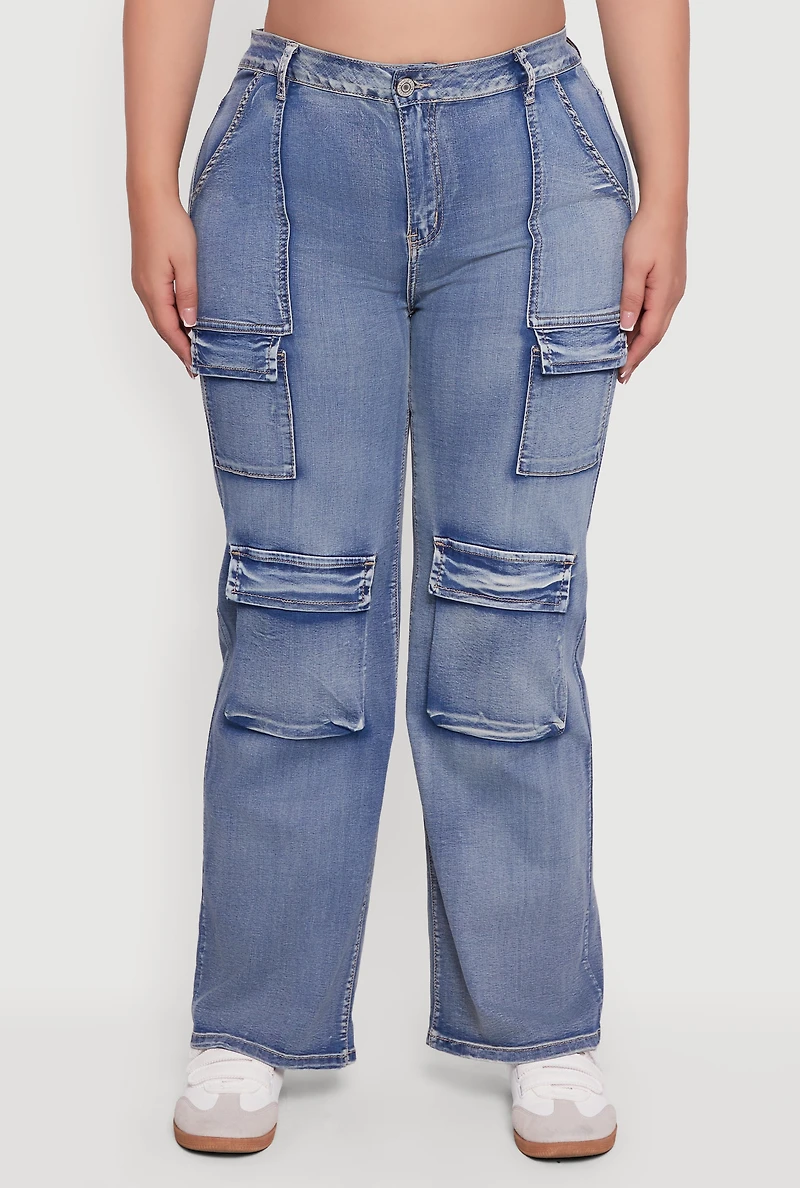 Womens Plus Size VIP Mineral Wash Straight Leg Cargo Jeans, Black, Size 16