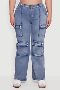 Womens Plus Size VIP Mineral Wash Straight Leg Cargo Jeans, Black, Size 16