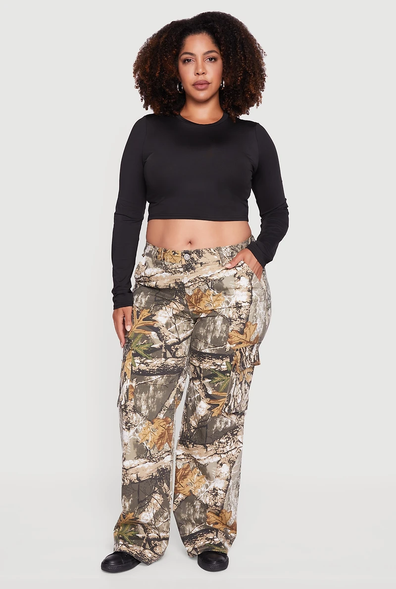 Womens Plus Tree Camo Wide Leg Cargo Pants, Brown,