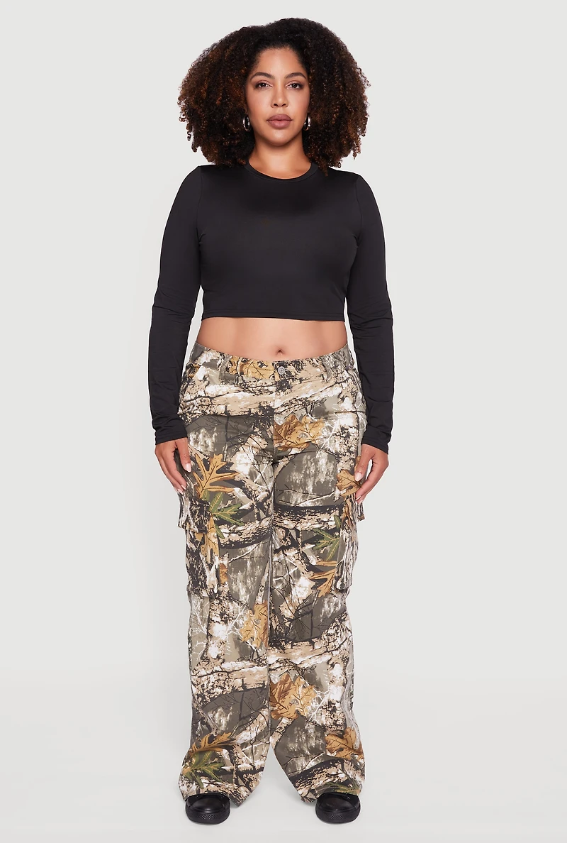 Womens Plus Tree Camo Wide Leg Cargo Pants, Brown,